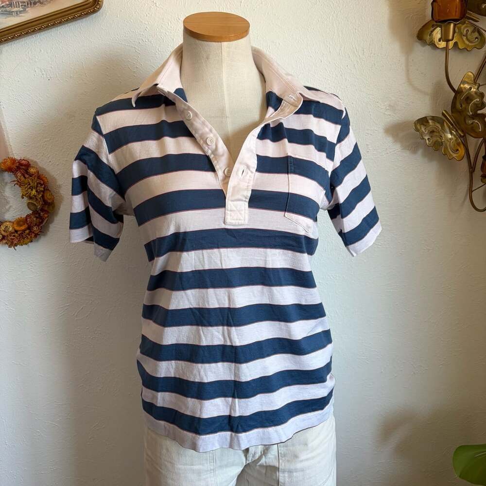 70s Vintage Blue and White Striped Polo Shirt with Pocket
